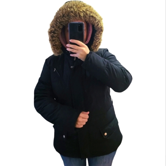 Lauren Ralph Lauren Black puffer coat size Large removable faux fur hood - Picture 1 of 12